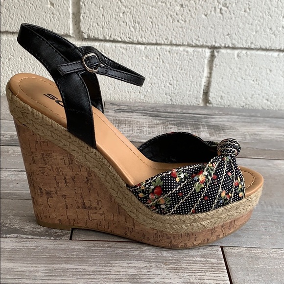 Black multi print espadrille cork platform wedge - Picture 3 of 5
